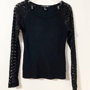 Forever 21 Semi Sheer Lace Long Ragland Sleeved Baseball Tee Scoop Neck Black 🖤